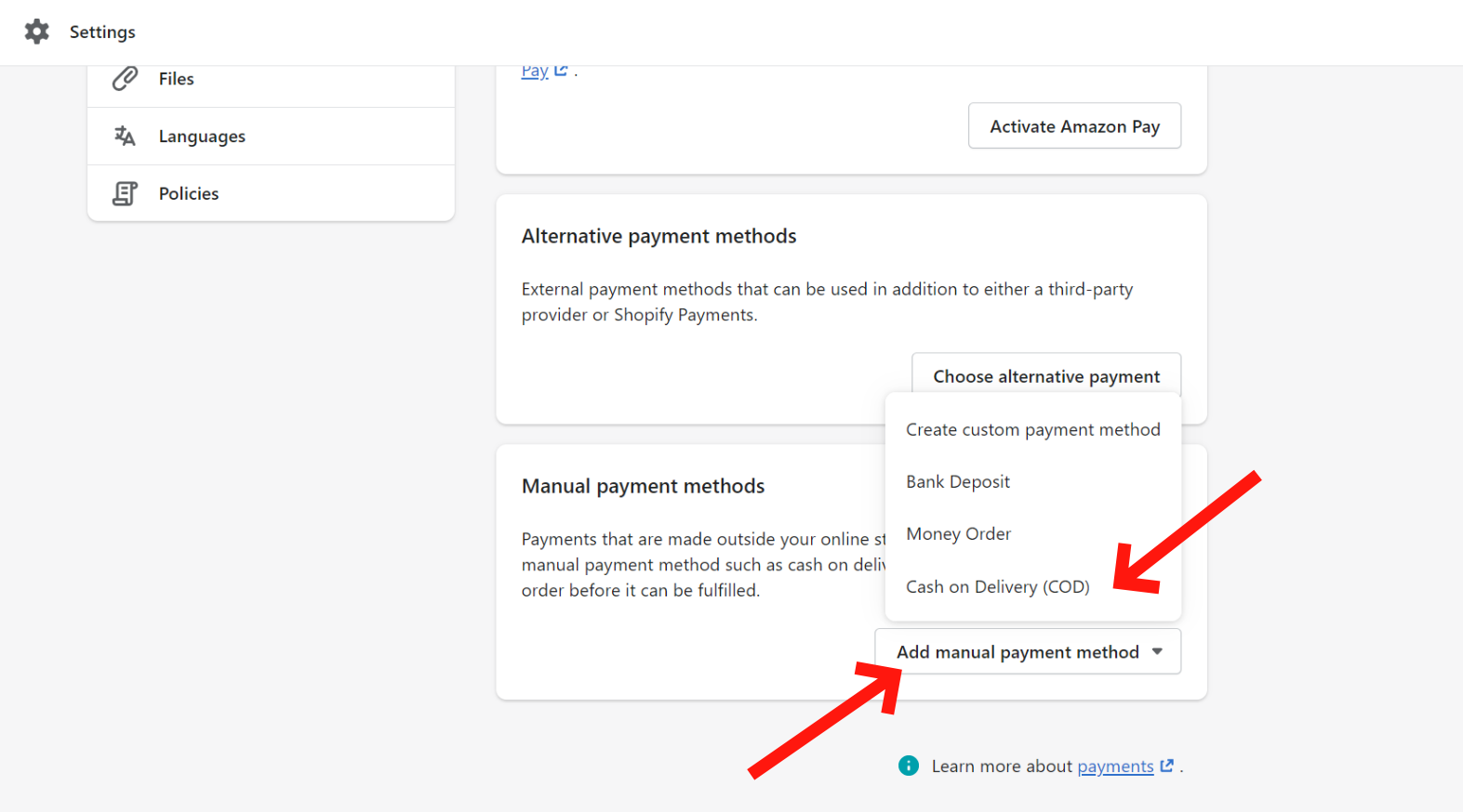 Click on the manual payment methods button