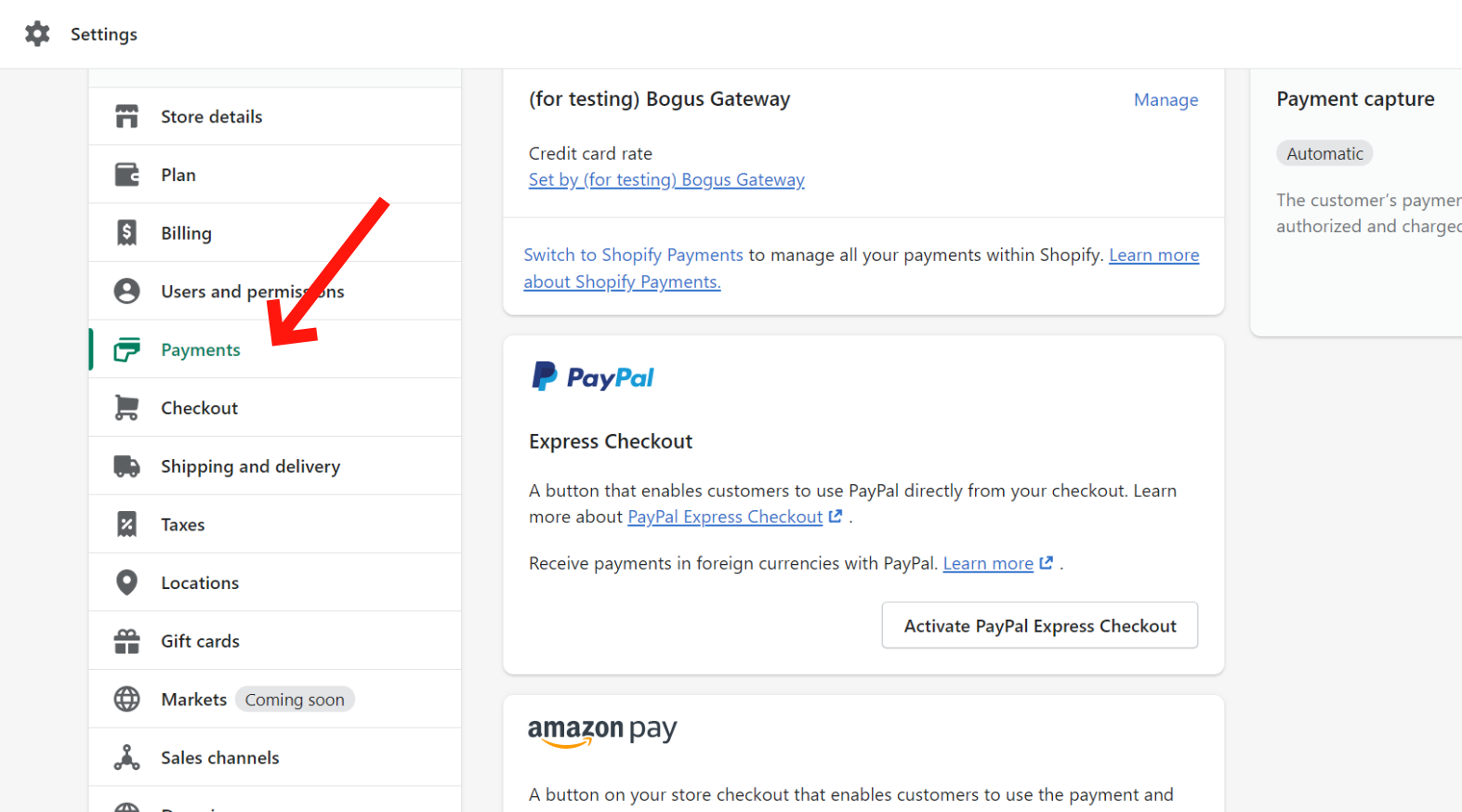 Open Shopify Payments settings