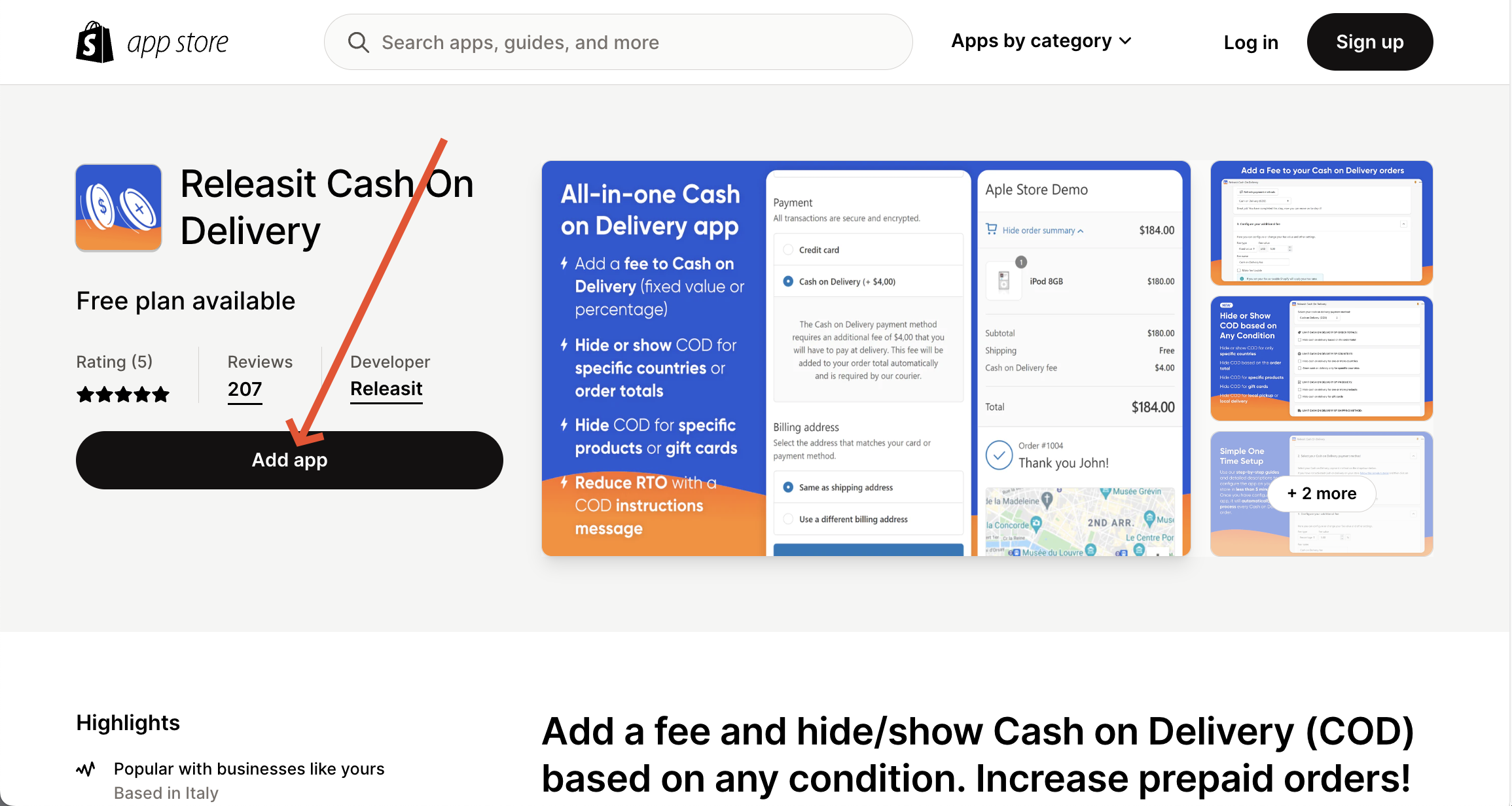 Releasit Cash On Delivery app on Shopify App Store
