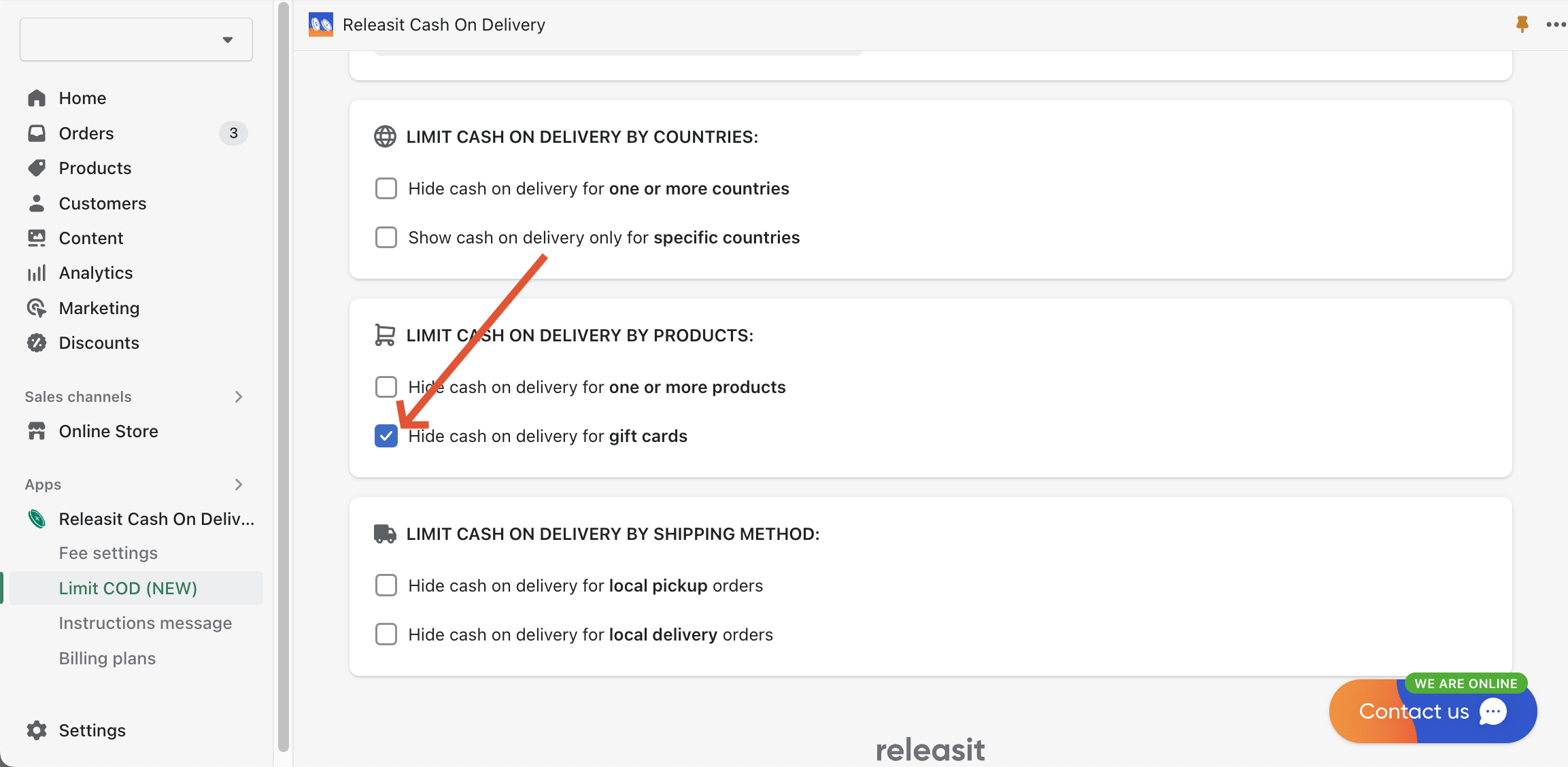 Releasit Cash On Delivery Limit COD page hide for gift cards