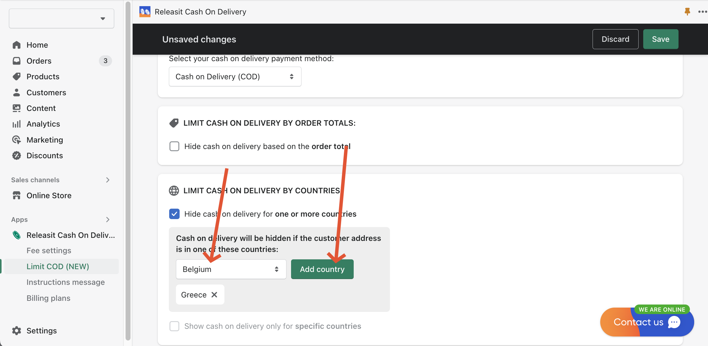 Releasit Cash On Delivery Limit COD page show selection of countries