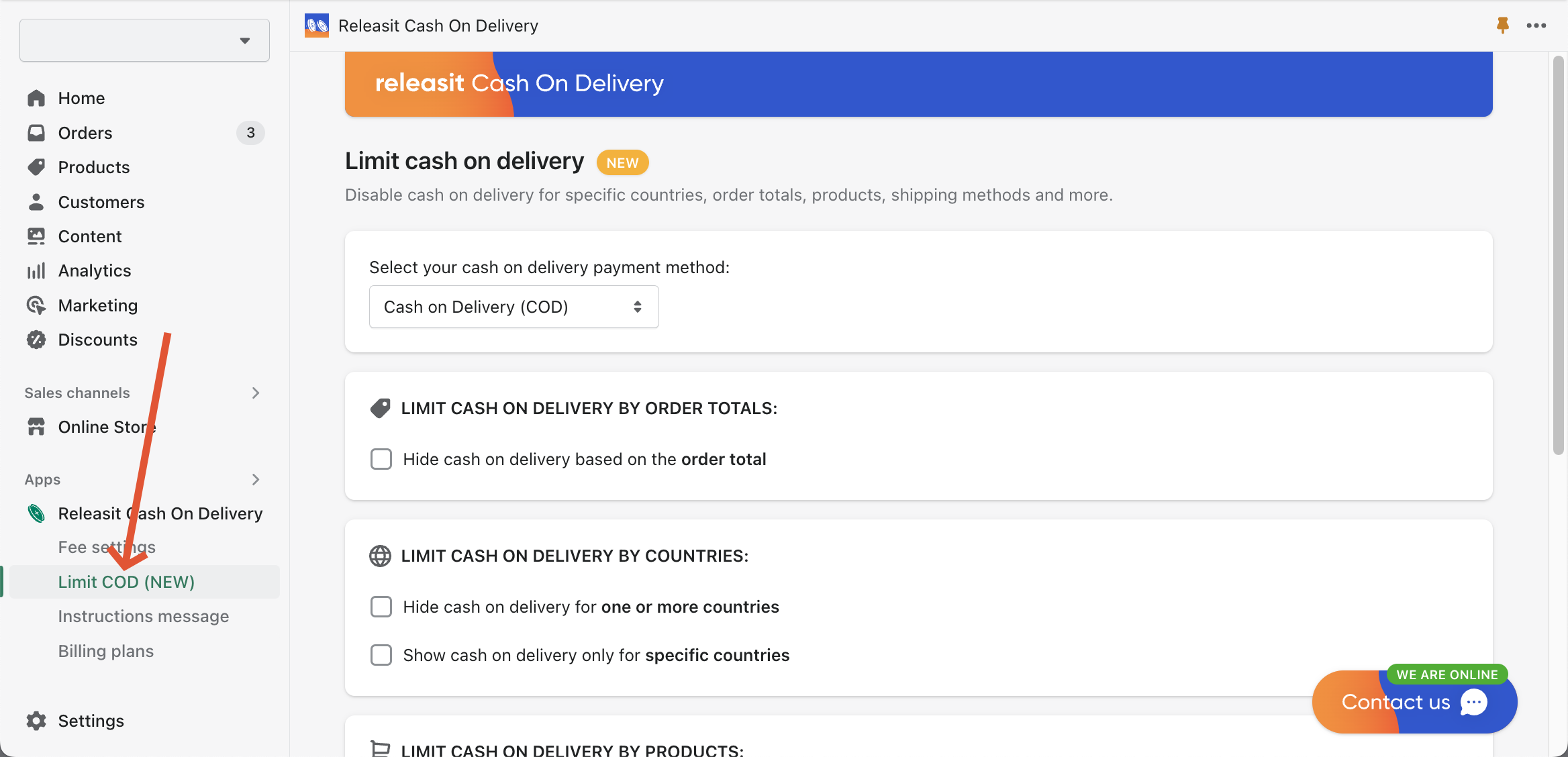 Releasit Cash On Delivery Limit COD page
