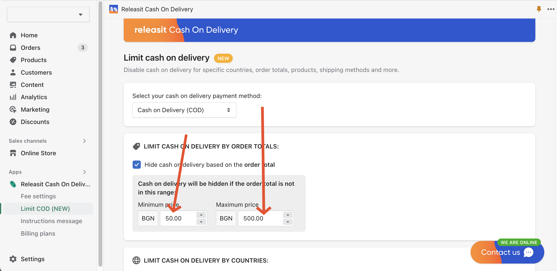 Releasit Cash On Delivery Limit COD page Min / Max setting