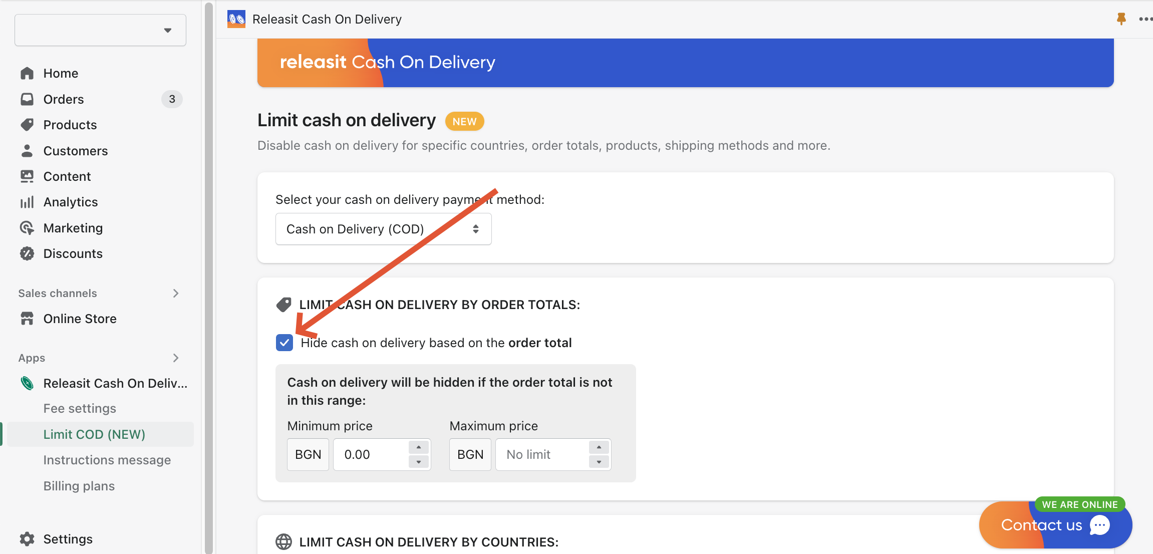 Releasit Cash On Delivery Limit COD page hide based on order total
