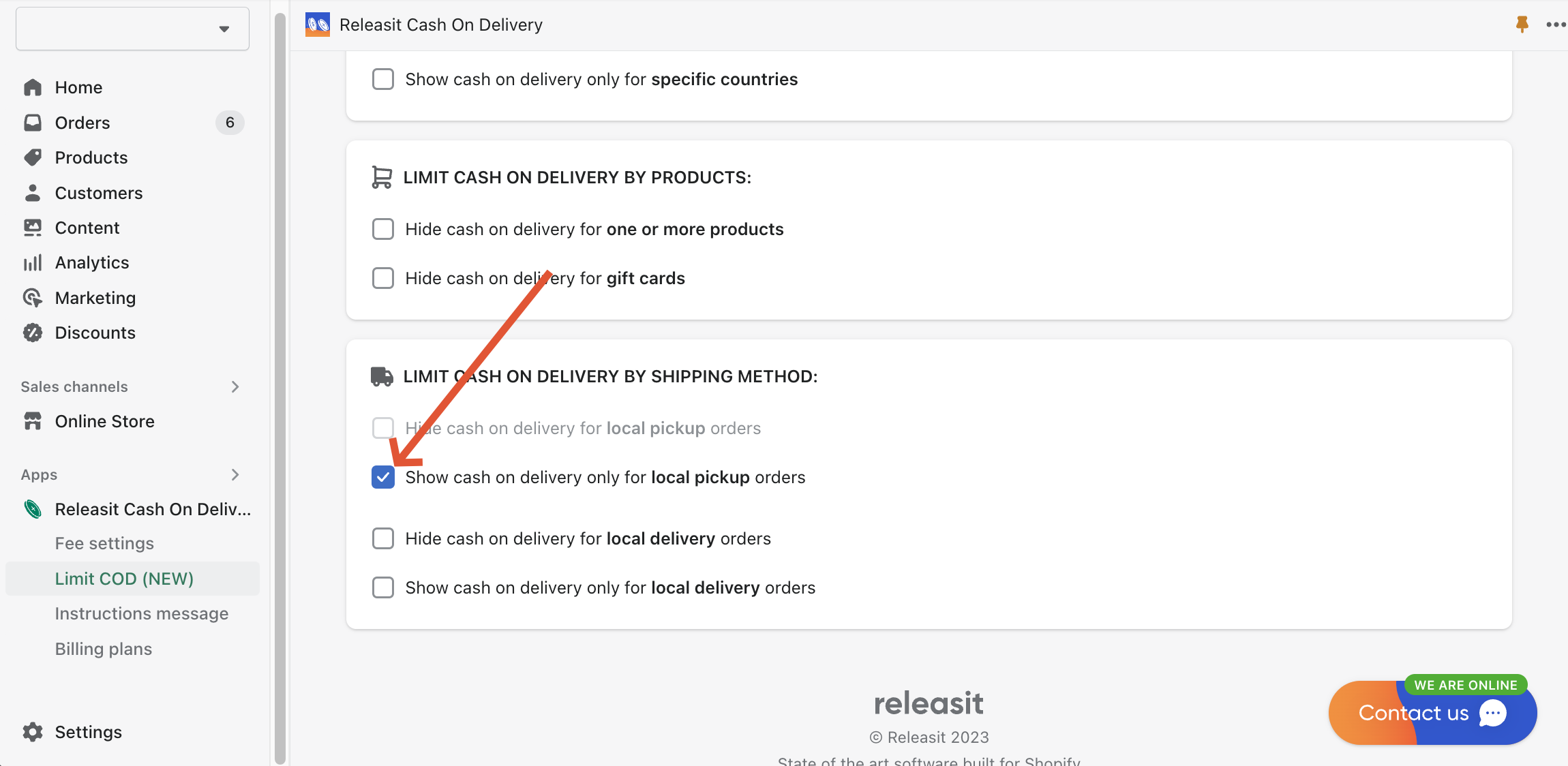 Releasit Cash On Delivery Limit COD page show only for local pickup