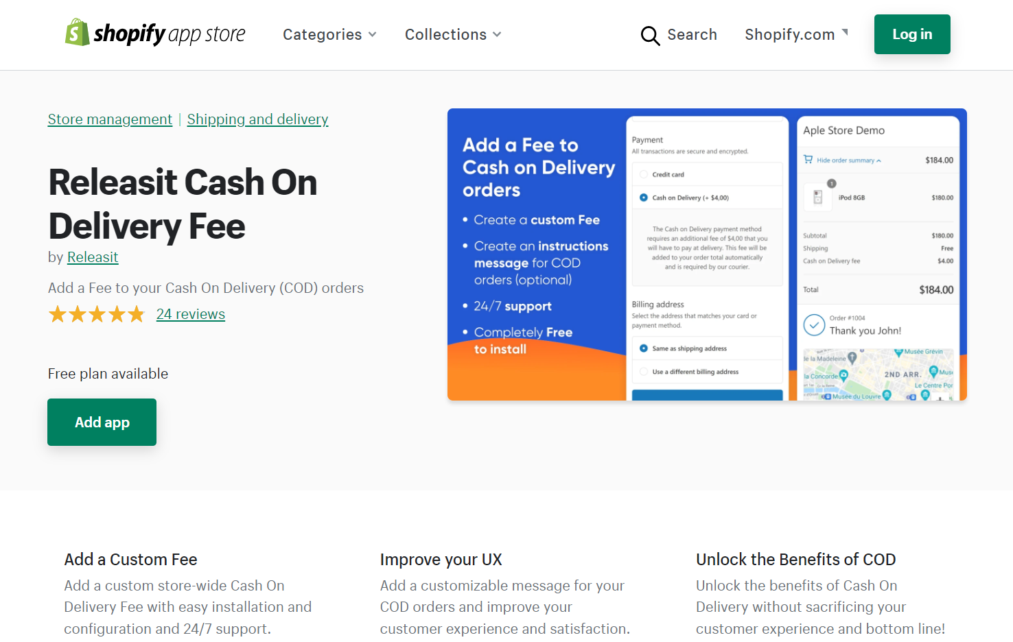 Releasit Cash On Delivery Fee app on Shopify App Store